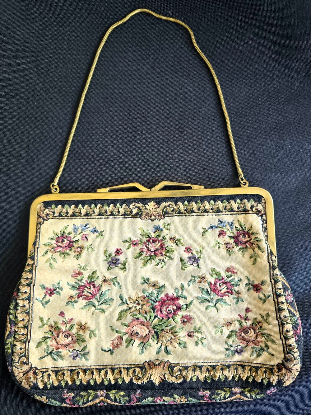Vintage Jordan Marsh West Germany Floral Tapestry Evening Handbag Brass Frame